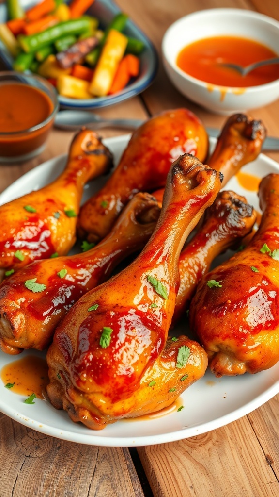 Oven-baked drumsticks on a plate, garnished with herbs, served with roasted vegetables.